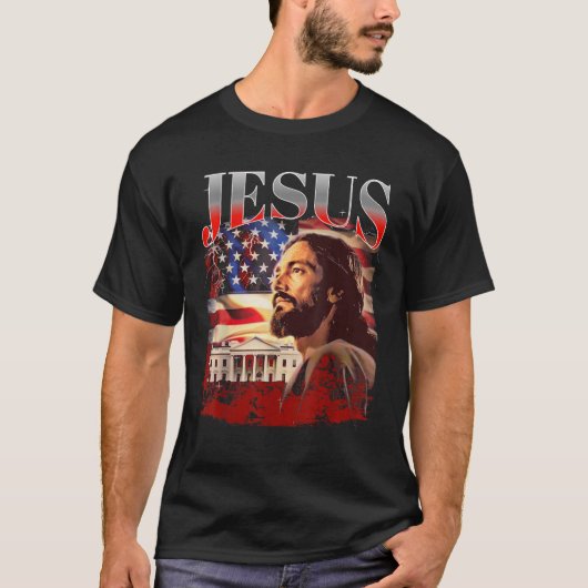 Jesus USA America Patriot Meme 90s Bootleg Rap Mer T-Shirt (Vorderseite)