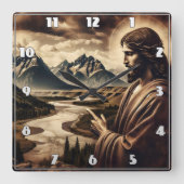 Jesus zeigt auf die majestätische Bergwelt Quadratische Wanduhr (Vorderseite)