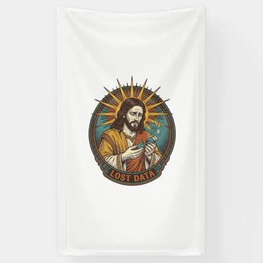 Jesus zerquetschte USB-Stick verlorene Daten Humor Banner (Vertikal)
