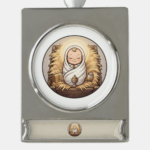 Jesuskind in der Krippe Weihnachtsschmuck Banner-Ornament Silber