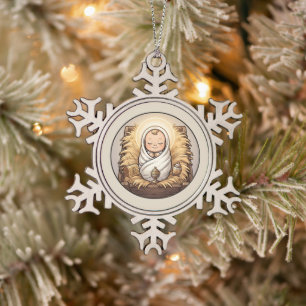 Jesuskind in der Krippe Weihnachtsschmuck Schneeflocken Zinn-Ornament