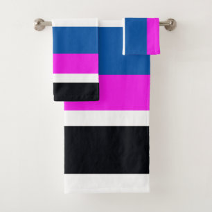 Jet Black, Reinweiß, Teal Blau, Hot Pink Streifen Badhandtuch Set
