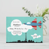 Jet Flugzeug Geburtstag Thema (Blau) Einladung (Stehend Vorderseite)