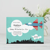 Jet Flugzeug Geburtstag Thema (Blau) Einladung (Stehend Vorderseite)