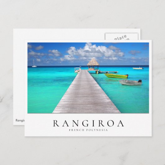 Jetty mit Booten in tropischer Rangiroa, Polynesie Postkarte (Vorne/Hinten)