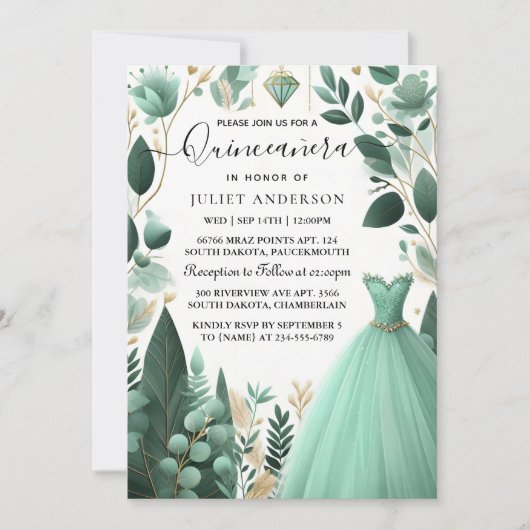 Jetzt Bäume Gold Mint Glam Emerald Green Quinceane Einladung (Vorderseite)