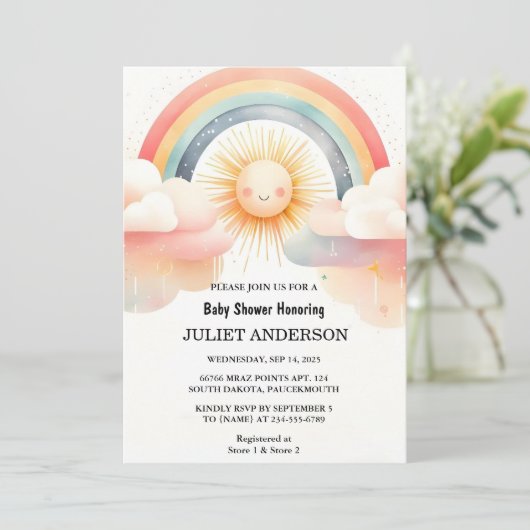 Jetzt Boy Pink Unique Sky Cloud Sunshine Baby Dusc Einladung (Stehend Vorderseite)