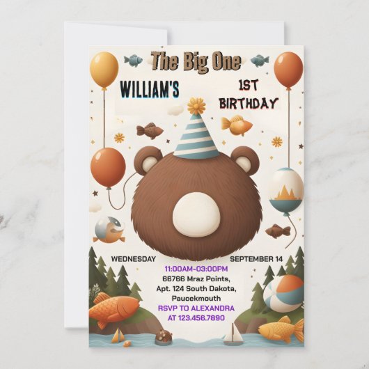 Jetzt Brown Fun Fish Boy Niedlich Baby Bear 1. Geb Einladung (Vorderseite)