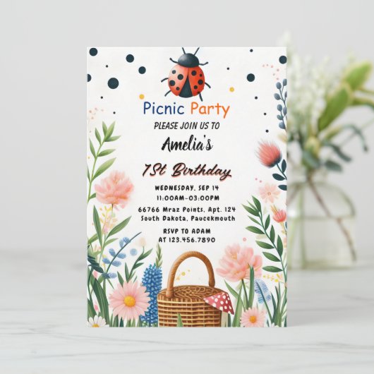 Jetzt Girls Liebe Bug Picnic Polka Dot 1. Geburtst Einladung (Stehend Vorderseite)