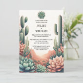 Jetzt grüne Boho Leaf Wüste Cacti Sukkulente Hochz Einladung (Stehend Vorderseite)