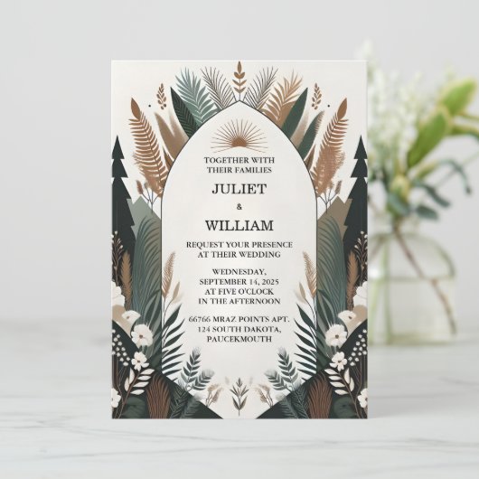 Jetzt Holzbaumwald Rustikale Baumfarm Arch Hochzei Einladung (Stehend Vorderseite)