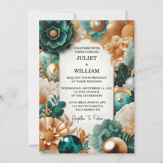 Jetzt Marmor Monstera Smaragdgrün und Gold Hochzei Einladung (Vorderseite)