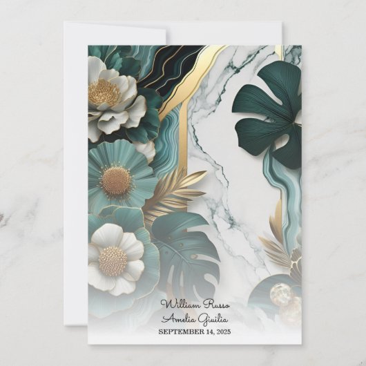 Jetzt Marmor Monstera Smaragdgrün und Gold Hochzei Einladung (Rückseite)