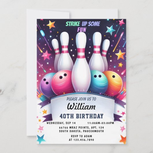 Jetzt Neon Boy Kids Team Event Bowling 40. Geburts Einladung (Vorderseite)