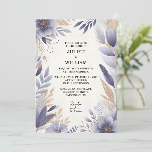 Jetzt Plum Herbst Sommer Lavendel Sage Hochzeit Einladung (Stehend Vorderseite)