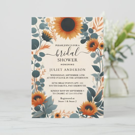 Jetzt Rustikale Gartengrüne Sonnenblumen Brautpart Einladung (Stehend Vorderseite)