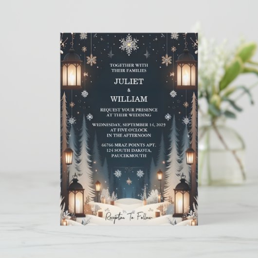 Jetzt schneebedeckte Winterhochzeit in den Rustika Einladung (Stehend Vorderseite)