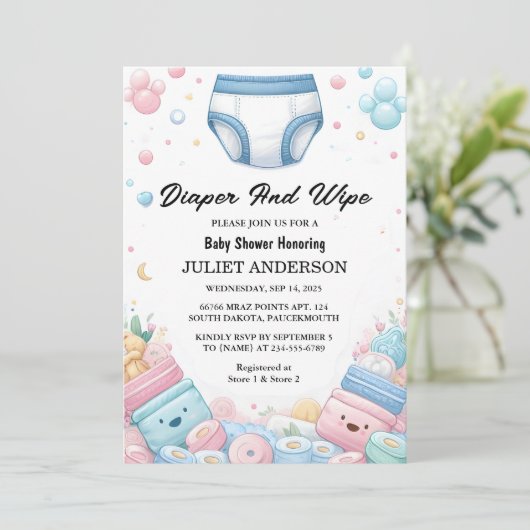 Jetzt Vater Pink Blue Diaper abgeben und Babydusch Einladung (Stehend Vorderseite)