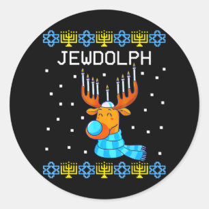Jewdolph Ugly Hanukkah Reindeer Menorah Chanukah Runder Aufkleber