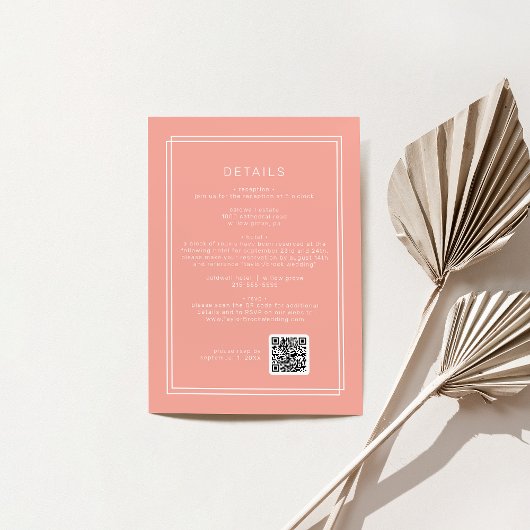 JEWEILS minimaler Blush Peach QR Code Hochzeitsdet Begleitkarte