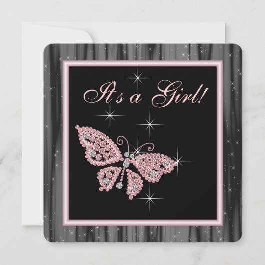 Jewel Butterfly Pink Black Baby Girl Dusche Einladung (Vorderseite)