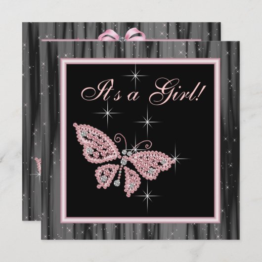 Jewel Butterfly Pink Black Baby Girl Dusche Einladung (Vorne/Hinten)