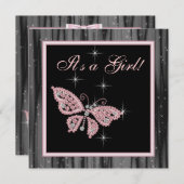 Jewel Butterfly Pink Black Baby Girl Dusche Einladung (Vorne/Hinten)