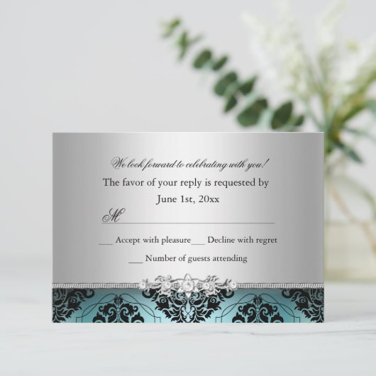 Jewel Damask Aquamarin & Silver UAWG RSVP Karte (Stehend Vorderseite)