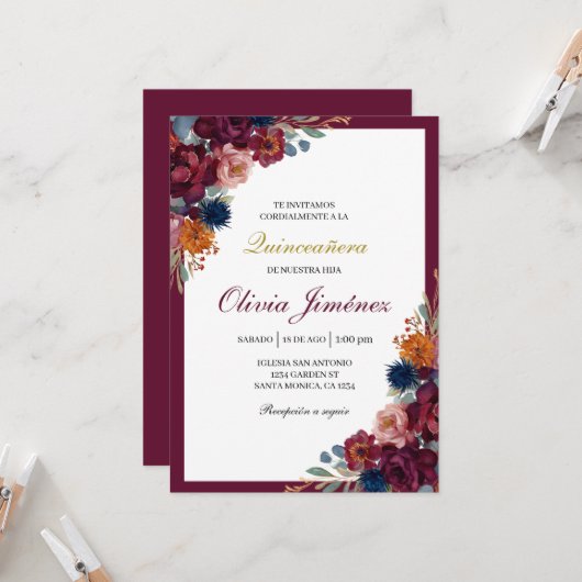 Jewel floral quinceañera einladung (Vorderseite/Rückseite Beispiel)