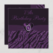 Jewel Heart & Zebra Glitzer 75. Geburtstag Einladung (Vorne/Hinten)
