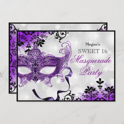 Jewel Mask & Damask Lila Masquerade Sweet 16 Einladung (Vorne/Hinten)