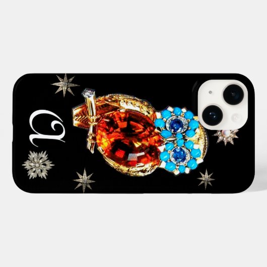 JEWEL OWL, DIAMOND STARS, Gold, Blue Turquase, Top Case-Mate iPhone Hülle (Rückseite (Horizontal))