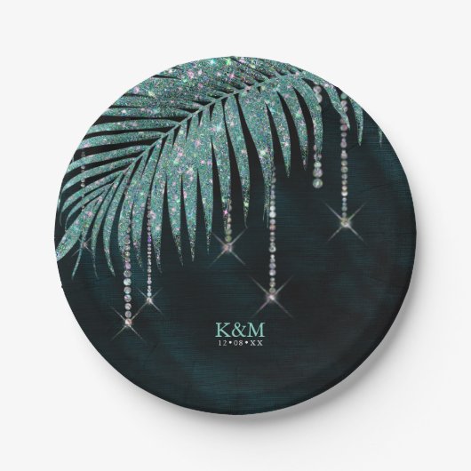 Jewel Palm Leaf Wedding Aquamarin ID830 Pappteller (Vorderseite)