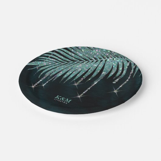 Jewel Palm Leaf Wedding Aquamarin ID830 Pappteller (Schrägansicht)