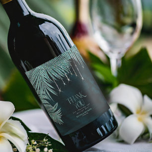 Jewel Palm Leaf Wedding Aquamarin ID830 Weinetikett