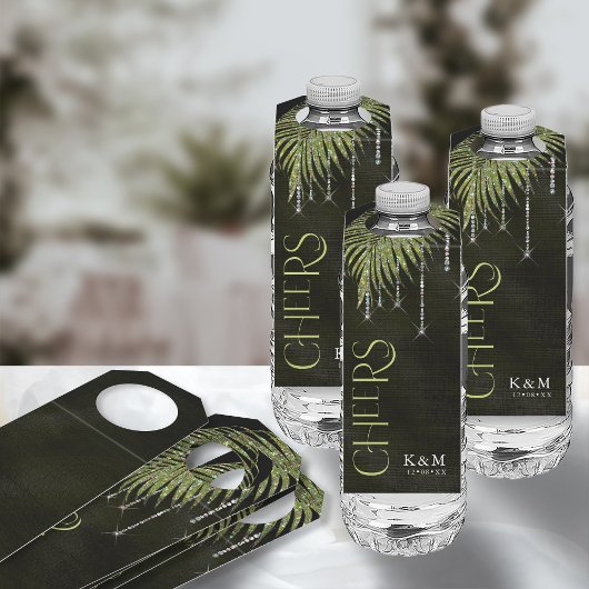 Jewel Palm Leaf Wedding Cheers Green ID830 Flaschenanhänger