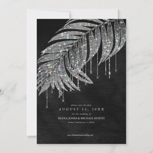 Jewel Palm Leaf Wedding Foto Silver ID830 Save The Date (Rückseite)