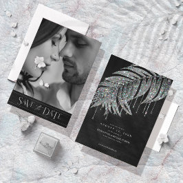 Jewel Palm Leaf Wedding Foto Silver ID830 Save The Date