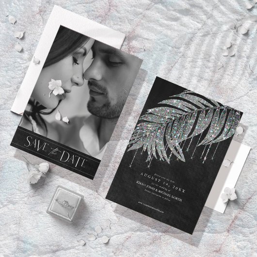 Jewel Palm Leaf Wedding Foto Silver ID830 Save The Date
