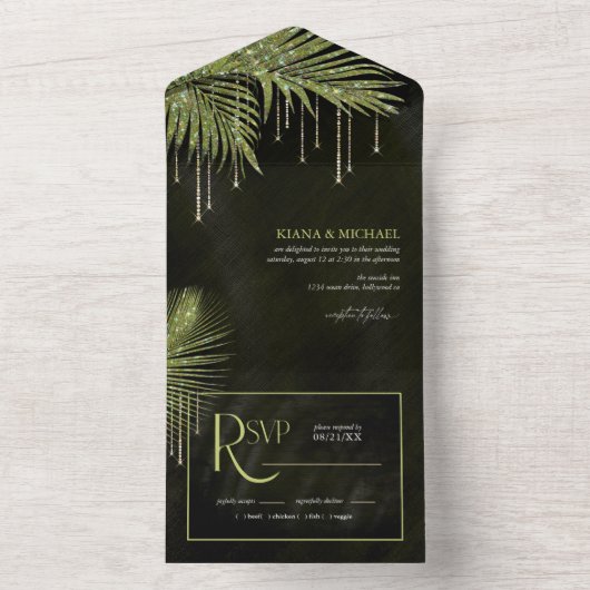 Jewel Palm Leaf Wedding Green ID830 All In One Einladung (Innen Boden)