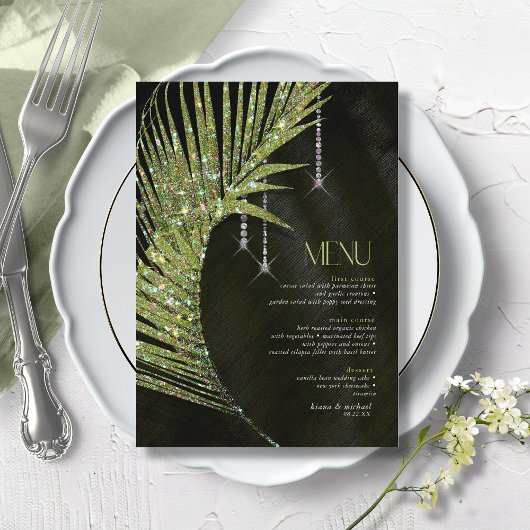 Jewel Palm Leaf Wedding Green ID830 Menükarte