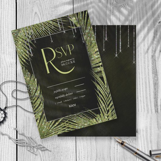 Jewel Palm Leaf Wedding Green ID830 RSVP Karte