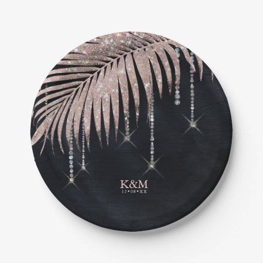 Jewel Palm Leaf Wedding Rose Gold/Navy ID830 Pappteller (Vorderseite)