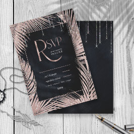 Jewel Palm Leaf Wedding Rose Gold/Navy ID830 RSVP Karte