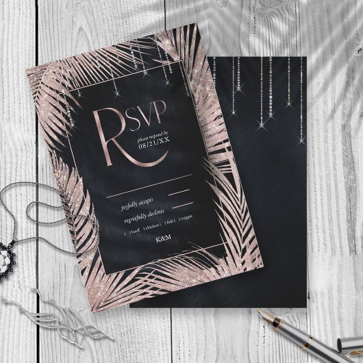 Jewel Palm Leaf Wedding Rose Gold/Navy ID830 RSVP Karte