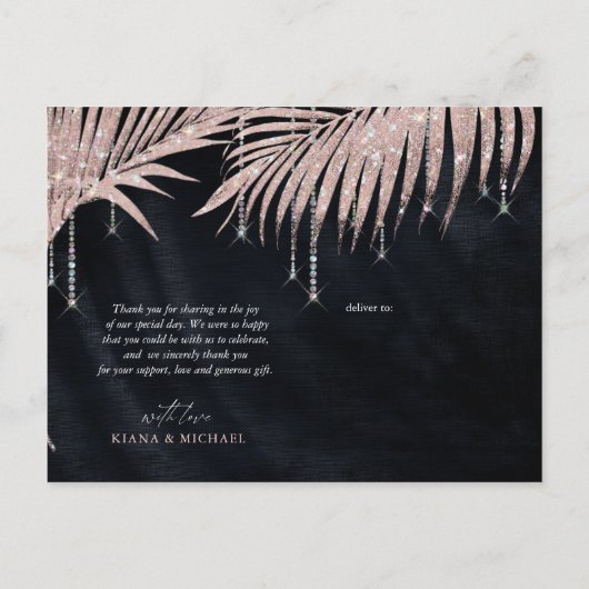 Jewel Palm Leaf Wedding Vielen Dank Rose Gold ID83 Ankündigungspostkarte (Rückseite)