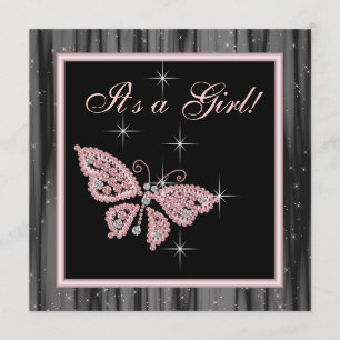 Jewel Schmetterling Rosa Schwarze Babymädchen-Part Einladung