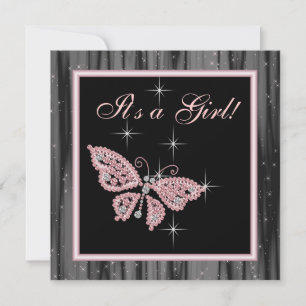 Jewel Schmetterling Rosa Schwarze Babymädchen-Part Einladung