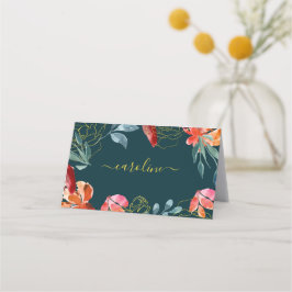 Jewel tone Blue Coral Floral Wedding Table Place Platzkarte