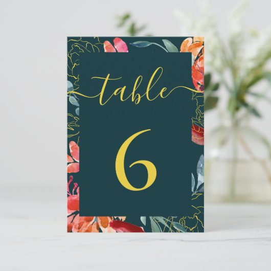 Jewel tone Blue Coral Floral Wedding Tischnummer (Stehend Vorderseite)